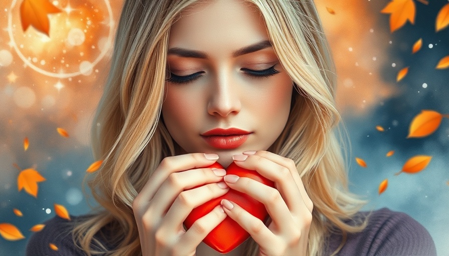 Blonde woman choosing herself in relationships, holding heart.