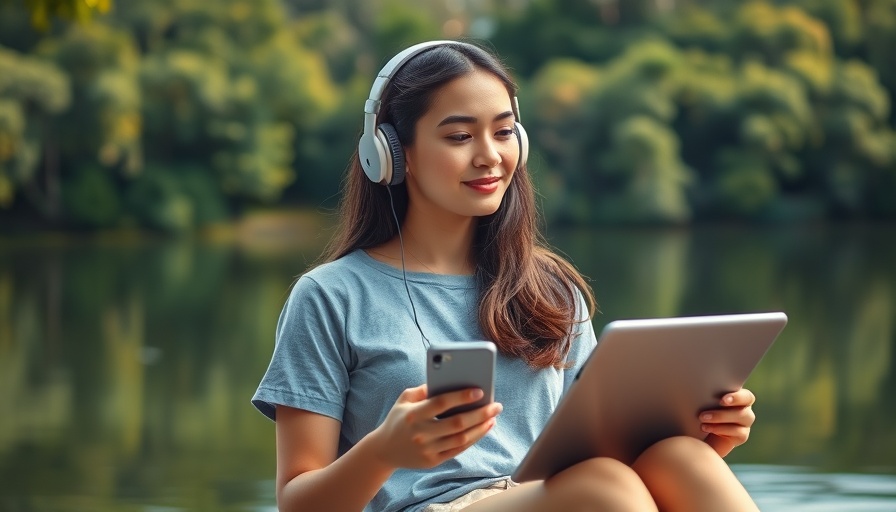 Woman embracing nature by a lake, listening to music sustainably.