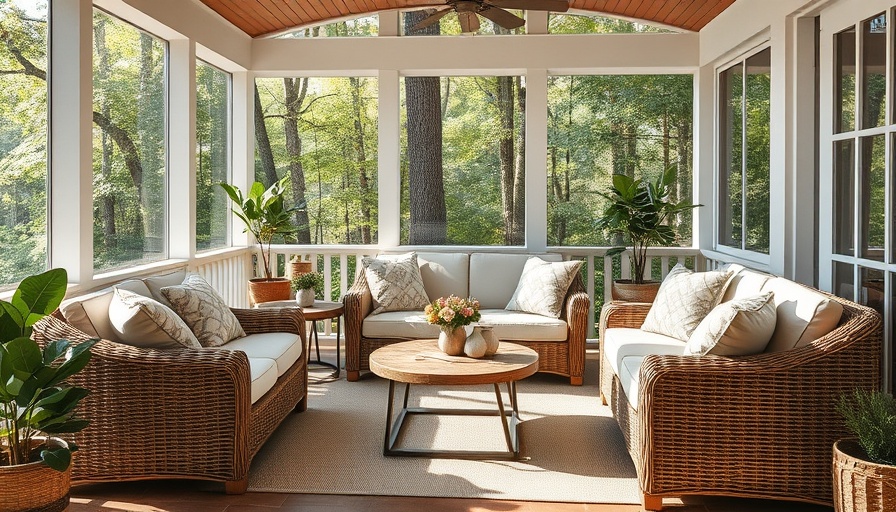 Cozy screened porch with wicker furniture and cushions, serene setting.