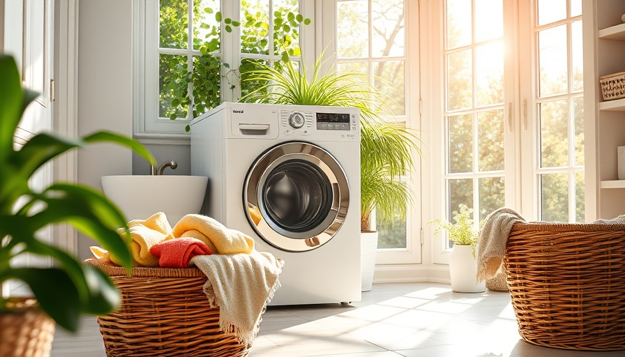 Colorful towels in a basket next to a washing machine in a bright laundry room.