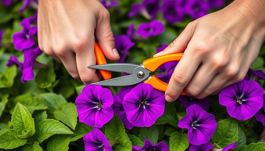 Hands using shears to deadhead petunias, deadheading flowers guide.