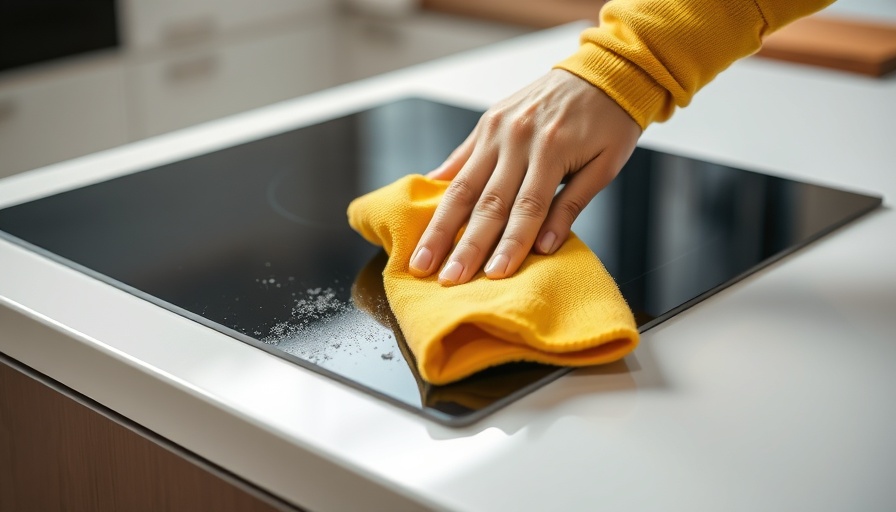 Hand cleans induction cooktop with yellow cloth, modern kitchen scene.