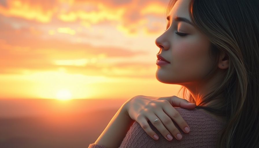 Serene woman embraces herself under a glowing sunset, self-love concept.