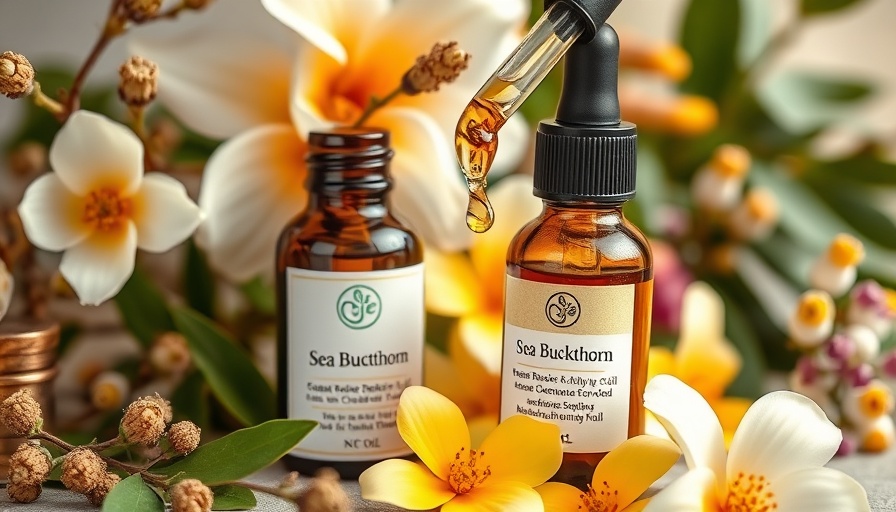Bronzing Facial Serum with Sea Buckthorn Oil surrounded by natural elements and other oils in an ambient setting.