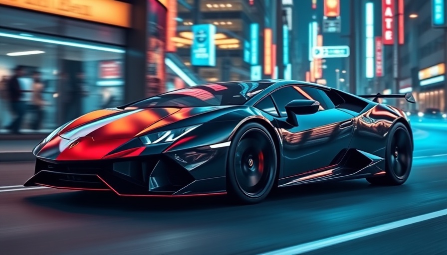Sleek Lamborghini sports car in urban setting with neon lights.