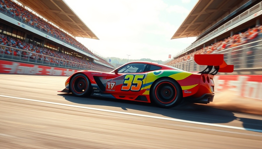 Animated NASCAR race car speeding on track, 2026 schedule theme.