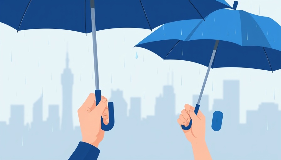 Multiple cartoon hands holding umbrellas in rain, cityscape backdrop.