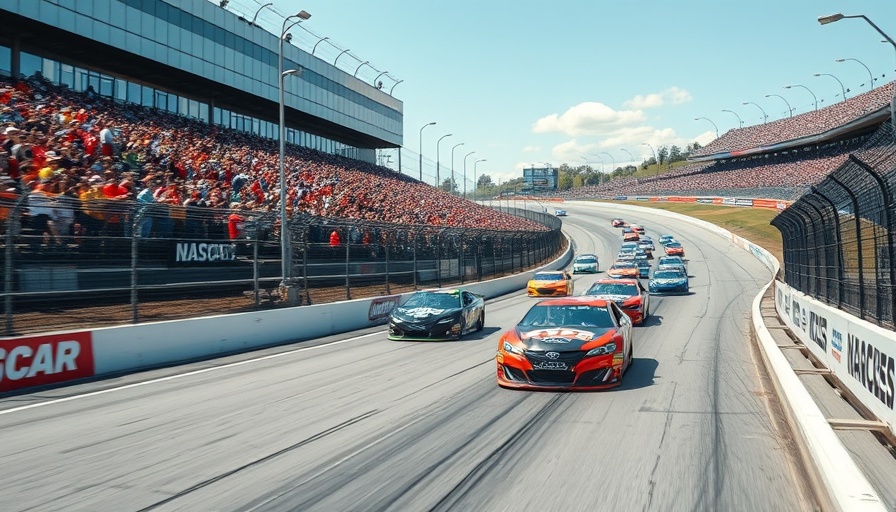 Exciting NASCAR race track with speeding cars and cheering fans.