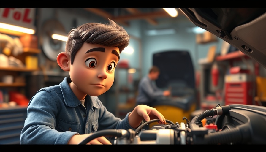 Animated scene of character working on a vehicle engine in a workshop.
