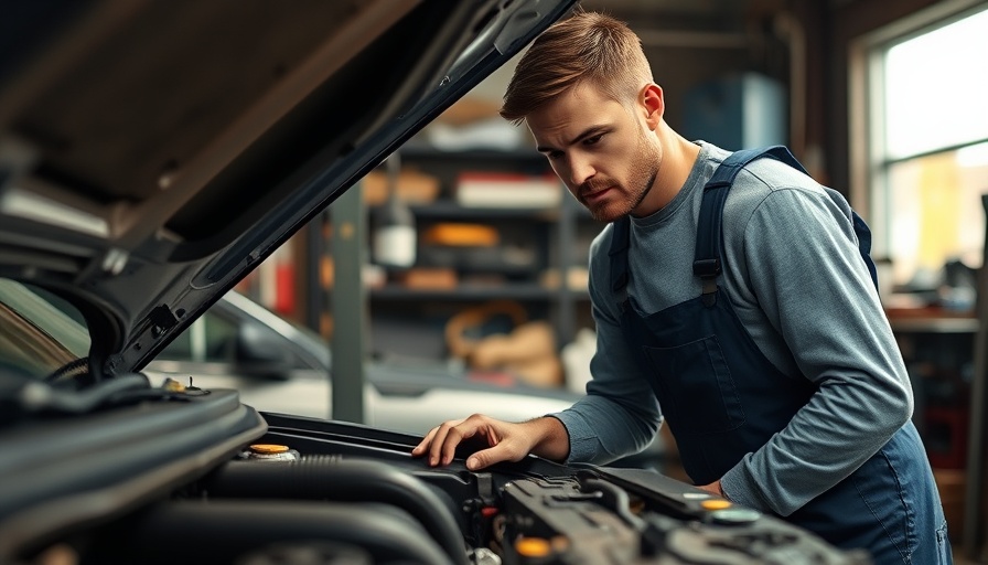 Person performing automotive maintenance in a garage.