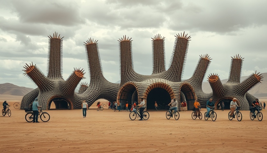 Spiky art installation at desert festival with people, discussing Burning Man legal rights.