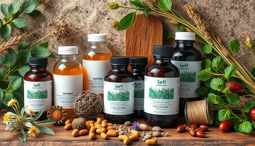 Adaptogenic herbs for stress relief in bottles and dried forms.