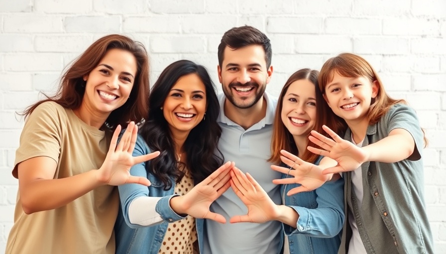 Family forming a house shape with hands against a white brick wall.
