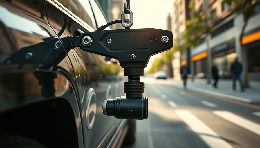 High-tech grappler device on vehicle for advanced security.