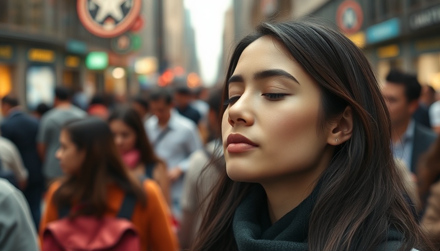 Mindful woman amidst city chaos, formal vs informal mindfulness.