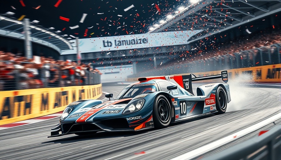 Racing car celebrating victory on track with cheering crowd.