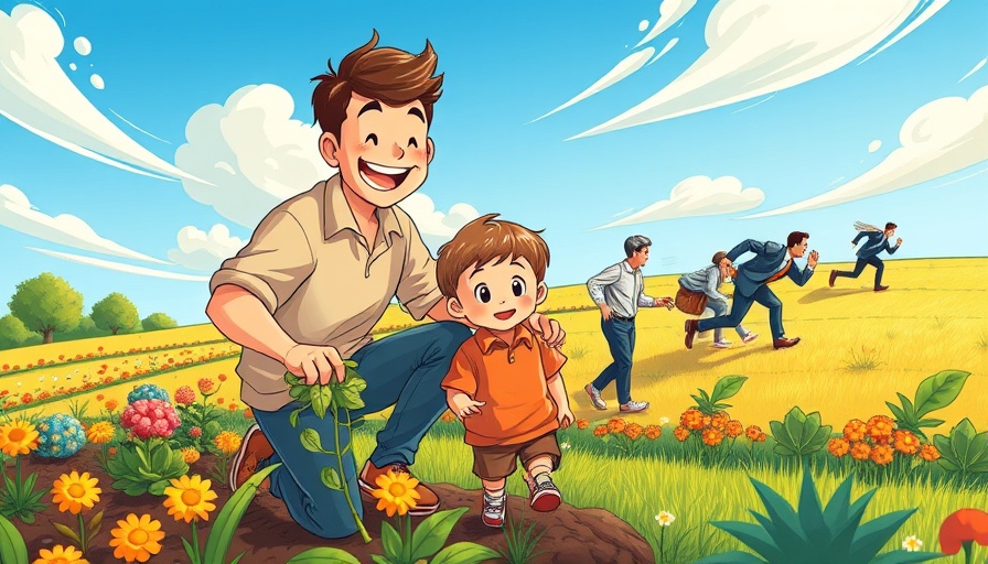 Father and son gardening, contrasting with business people running, symbolizing purpose over success.