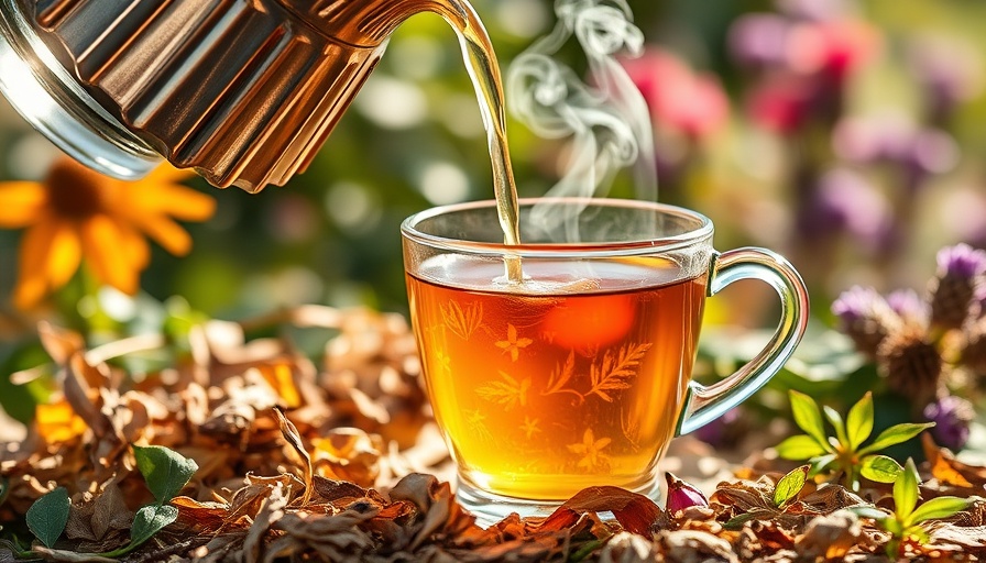 Steaming yaupon tea being poured into a glass cup, surrounded by vibrant herbs.