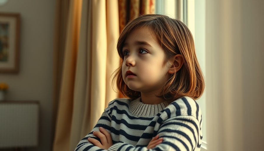 Thoughtful young girl in striped sweater gazing out window, underlying reasons for angry child.