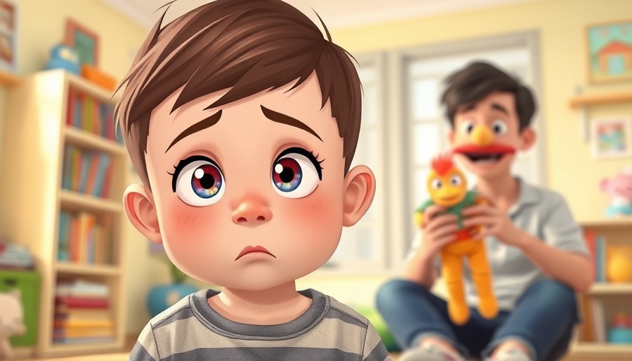Child confused by adult holding puppet, exploring lying effects, cartoon.