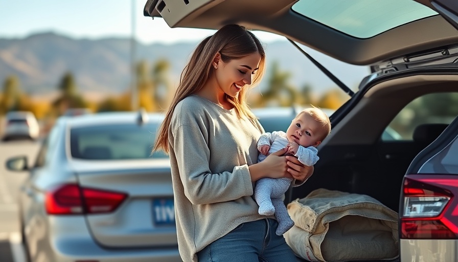 Mother organizing on-the-go essentials for moms at car trunk.
