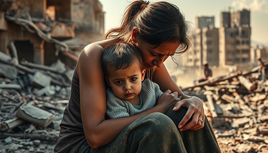 Mother holding child in war, displaying parenting under pressure.