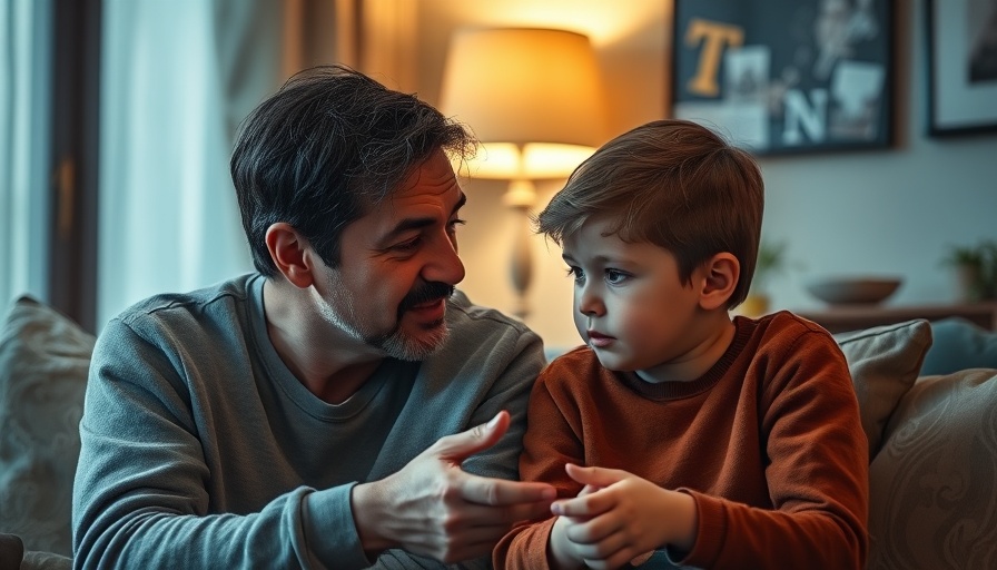 Supportive parent talks to child about sensitive topics in a cozy living room.