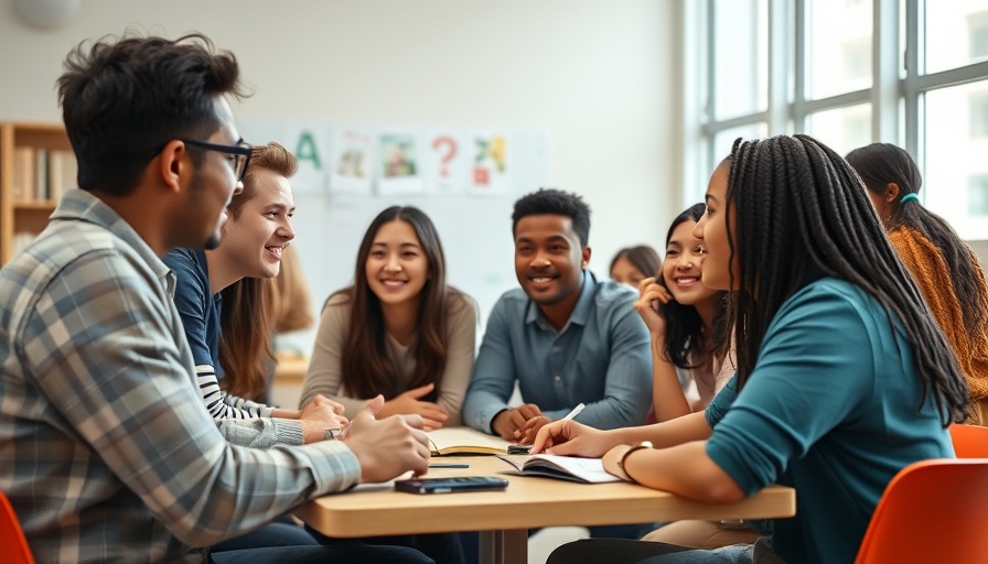 Diverse students discussing mental health advocacy in a bright classroom.