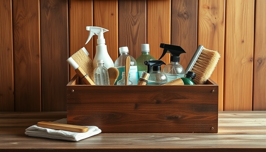 Assorted cleaning items in a wooden box on a table.