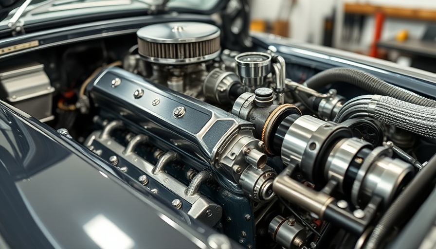 Intricate German car engine with chrome accents in a garage setting.