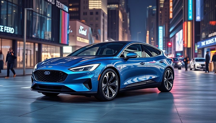 Futuristic Ford electric vehicle in cityscape, showcasing innovations.