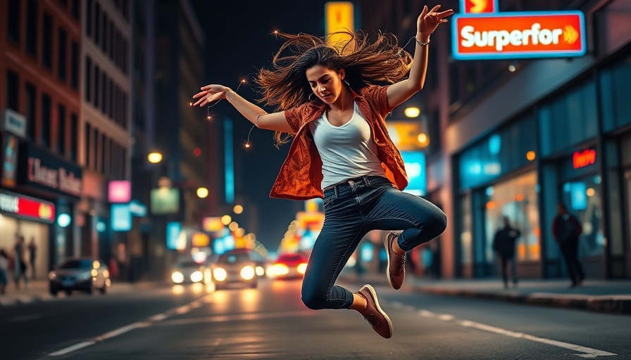 Dynamic woman dancing with lights, embodying flow state techniques in a city night.