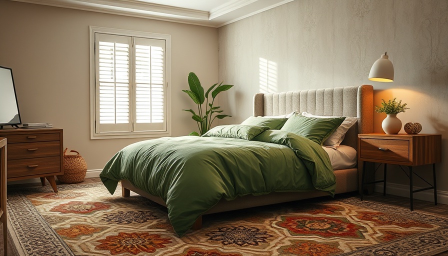 Modern bedroom with green bedding and ornate carpet highlighting non-white bedding options.