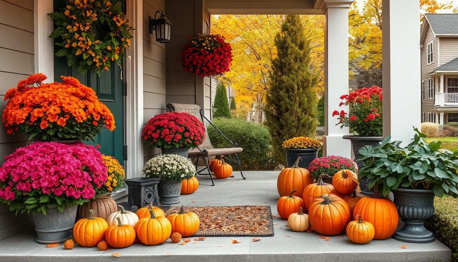 Festive autumn porch with pumpkins and faux mums.