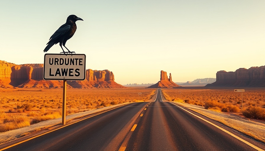 Road sign with crow on empty highway in desert, weird driving laws.