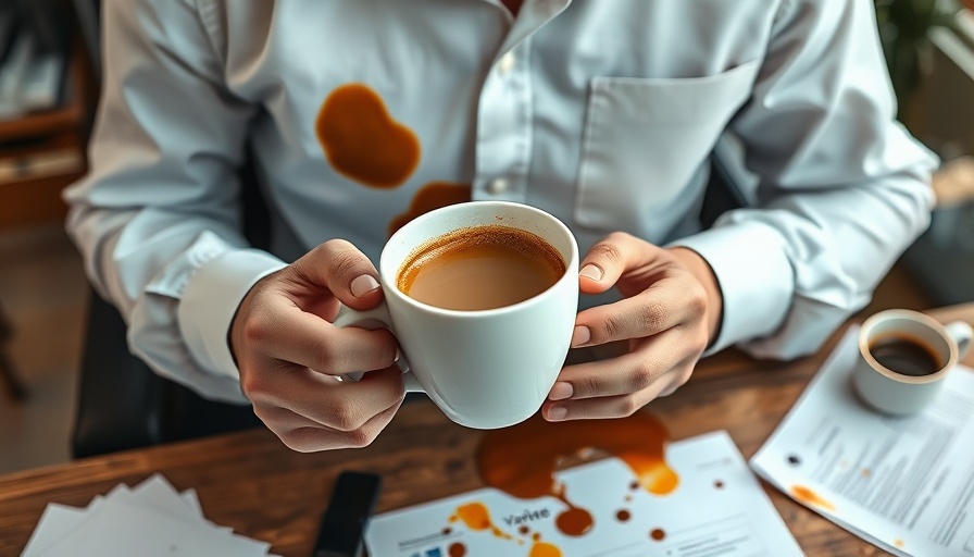 Person with coffee stain on shirt, learning how to remove coffee stains from clothes.