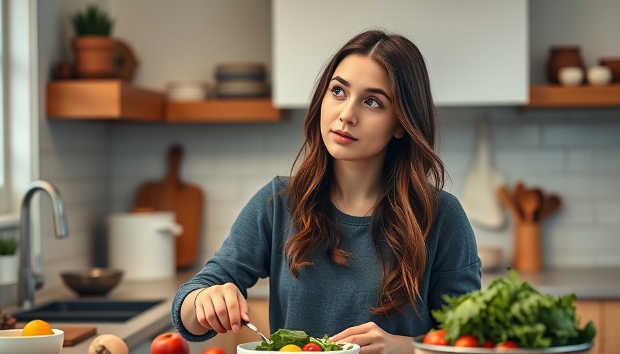 Contemplative mom in kitchen with self-care confessions, balanced lighting.