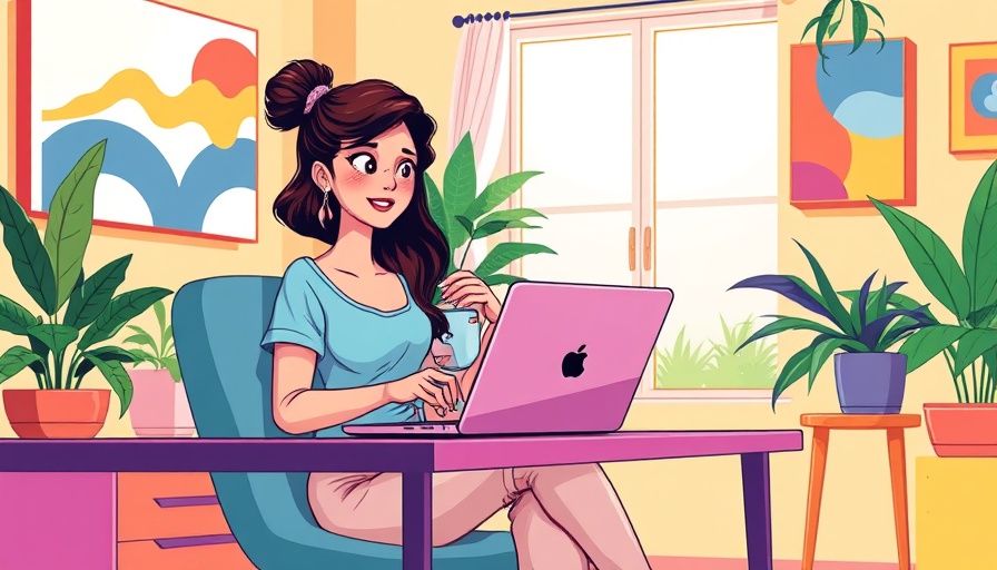 Colorful illustration of a woman sitting at her desk, feeling relaxed, representing guided meditation you can do sitting at your desk.