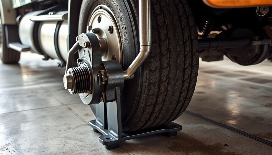 Industrial auto repair tool attached to truck wheel hub.