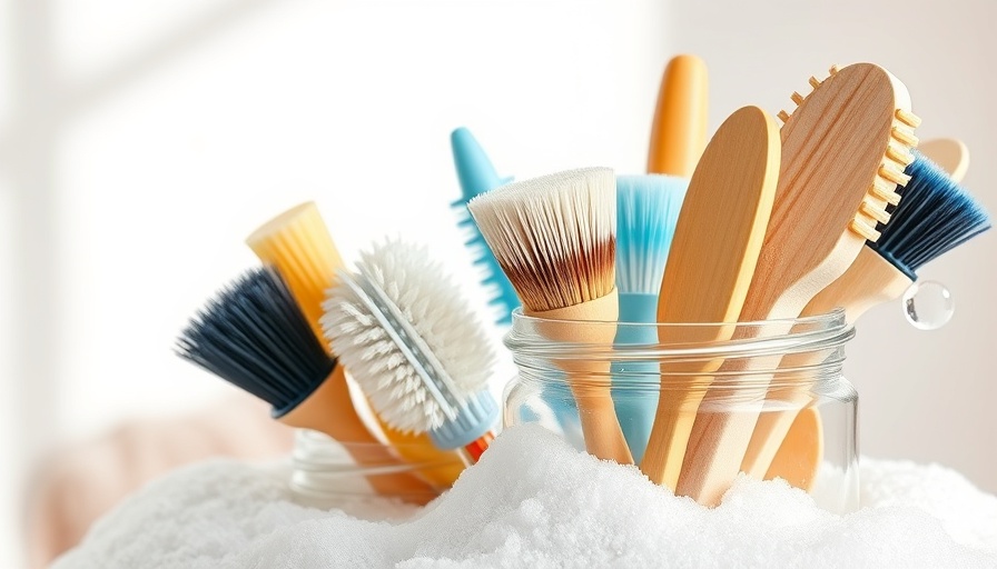 Eco-friendly cleaning tools with brushes and suds, home cleaning.