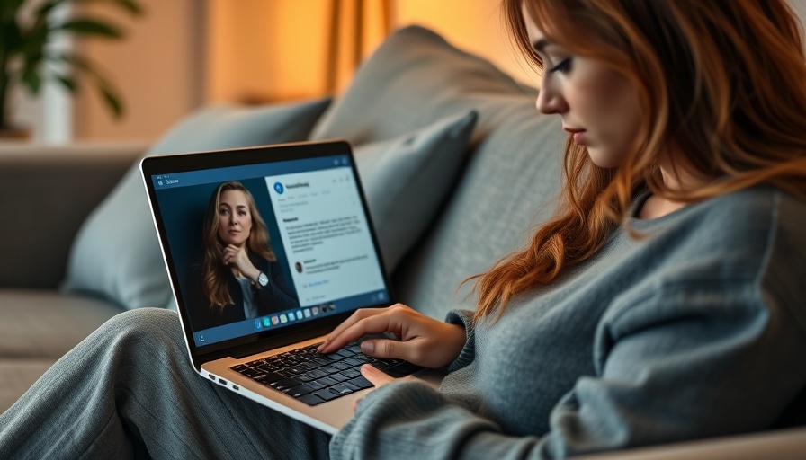 Woman working on laptop to offset digital emissions in cozy setting.