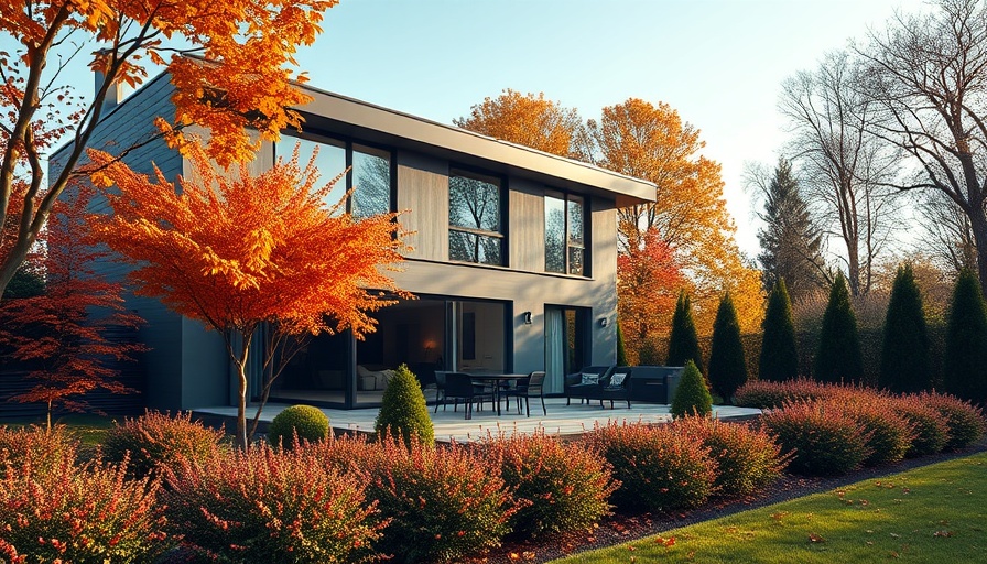 Modern house with glass patio surrounded by lush autumn foliage