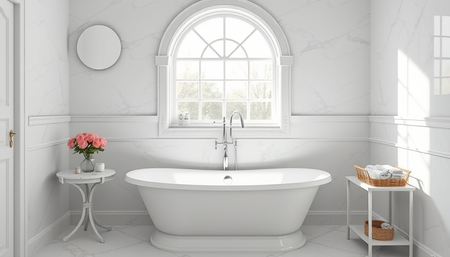 Luxurious marble bathroom with freestanding tub.