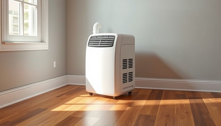 Sleek white portable air conditioner on polished floor with window hose.