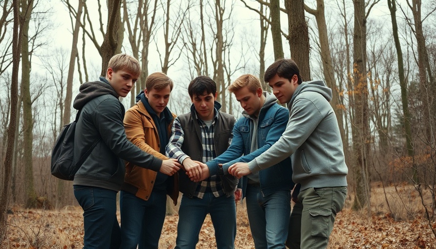 Friends in 1980s style making a pact in a forest, 'Stranger Things' Season 5 trailer vibe.