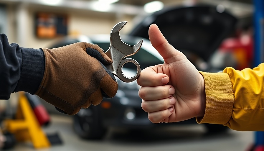 Automotive maintenance handshake with a wrench in workshop