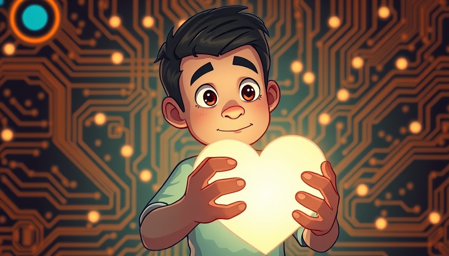 Why AI Can Never Replace Us: Cartoon man with glowing heart.