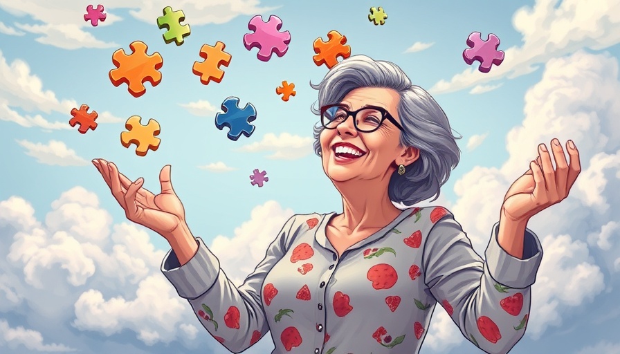 Woman expressing freedom juggling puzzle pieces, colorful cartoon.