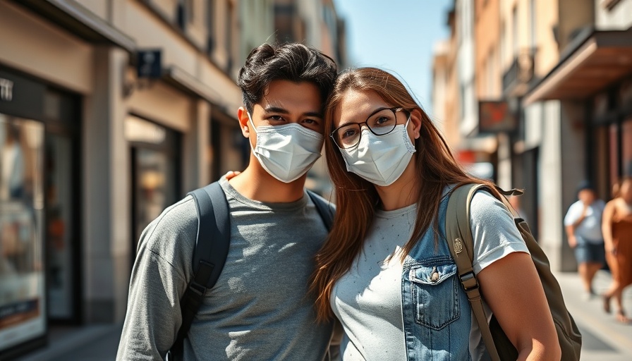 Casual duo wearing masks outdoors on a sunny day.