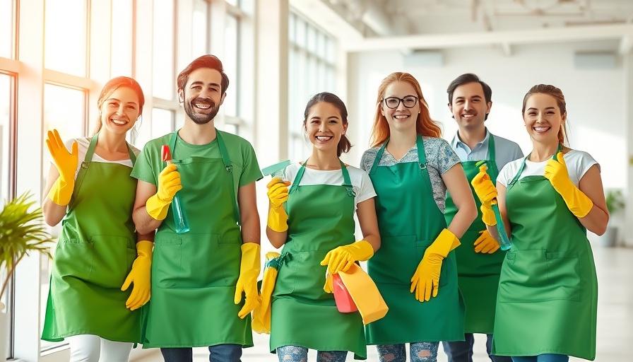 Cheerful cleaning professionals in aprons, hiring a cleaning service guide.